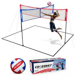 Vivere - CROSSNET 4 Square Outdoor Volleyball Game Net Set with Ball, Star/Stripes - Red, White, and Blue