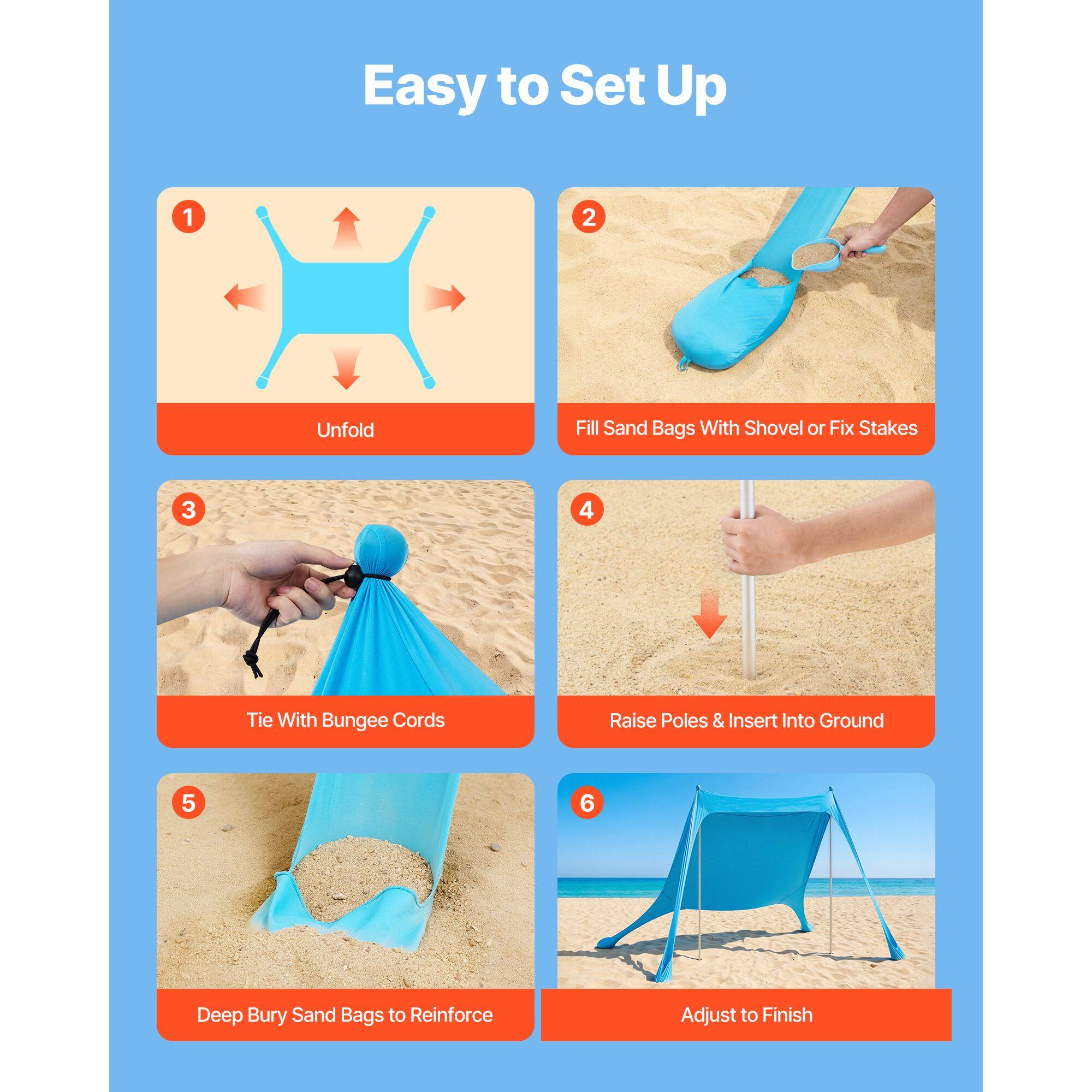 Easy to Set Up

1. Unfold
2. Fill Sand Bags With Shovel or Fix Stakes
3. Tie With Bungee Cords
4. Raise Poles & Insert Into Ground
5. Deep Bury Sand Bags to Reinforce
6. Adjust to Finish