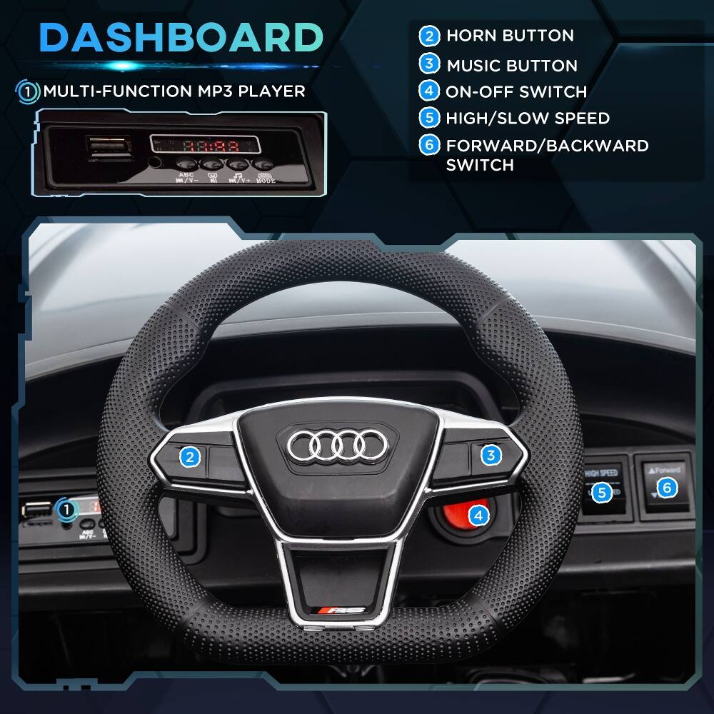 DASHBOARD

1 MULTI-FUNCTION MP3 PLAYER

2 HORN BUTTON

3 MUSIC BUTTON

4 ON-OFF SWITCH

5 HIGH/SLOW SPEED

6 FORWARD/BACKWARD SWITCH