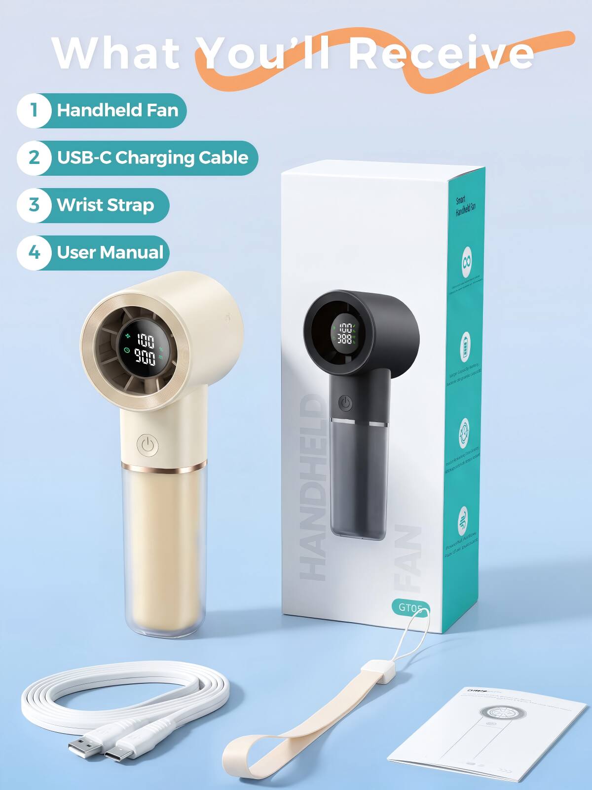 What You'll Receive

1. Handheld Fan
2. USB-C Charging Cable
3. Wrist Strap
4. User Manual
