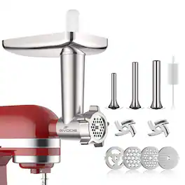 Gvode - Meat Grinder Attachment, Compatible with KitchenAid®, 4 Plates, 3 Sausage Tubes & 2 Blades - Silver