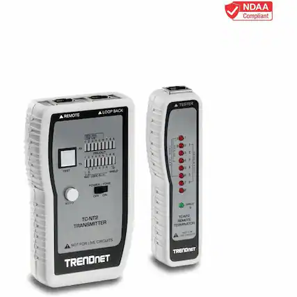NDAA Compliant REMOTE LOOP BACK TESTER TEST E CN rose 2.1
$1
1 1 1 1 2 FX PIN-OUT
5 123458788 4 1 - : 3 TH 23456 - 2 5
SHELD USOC R BNC POWER TONE OFF ON 5 1 2 3 4 5 & 1 1 2 3 4 5 5 AUTO SHELD 2 2
TC-NT2 TRANSMITTER FOR LIVE CIRCUITS NOT TRENDNET
TC-NT2 REMOTE TERMINATOR FOR LIVE TRENDNET