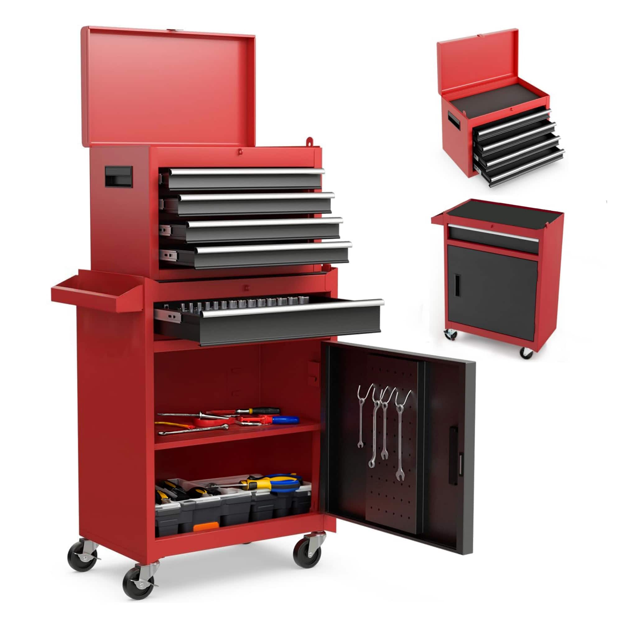 Dexmalle - Dexmalle-5-Drawer Lockable Rolling Tool Storage Cabinet with Detachable Top Tool Box, Liner-Red