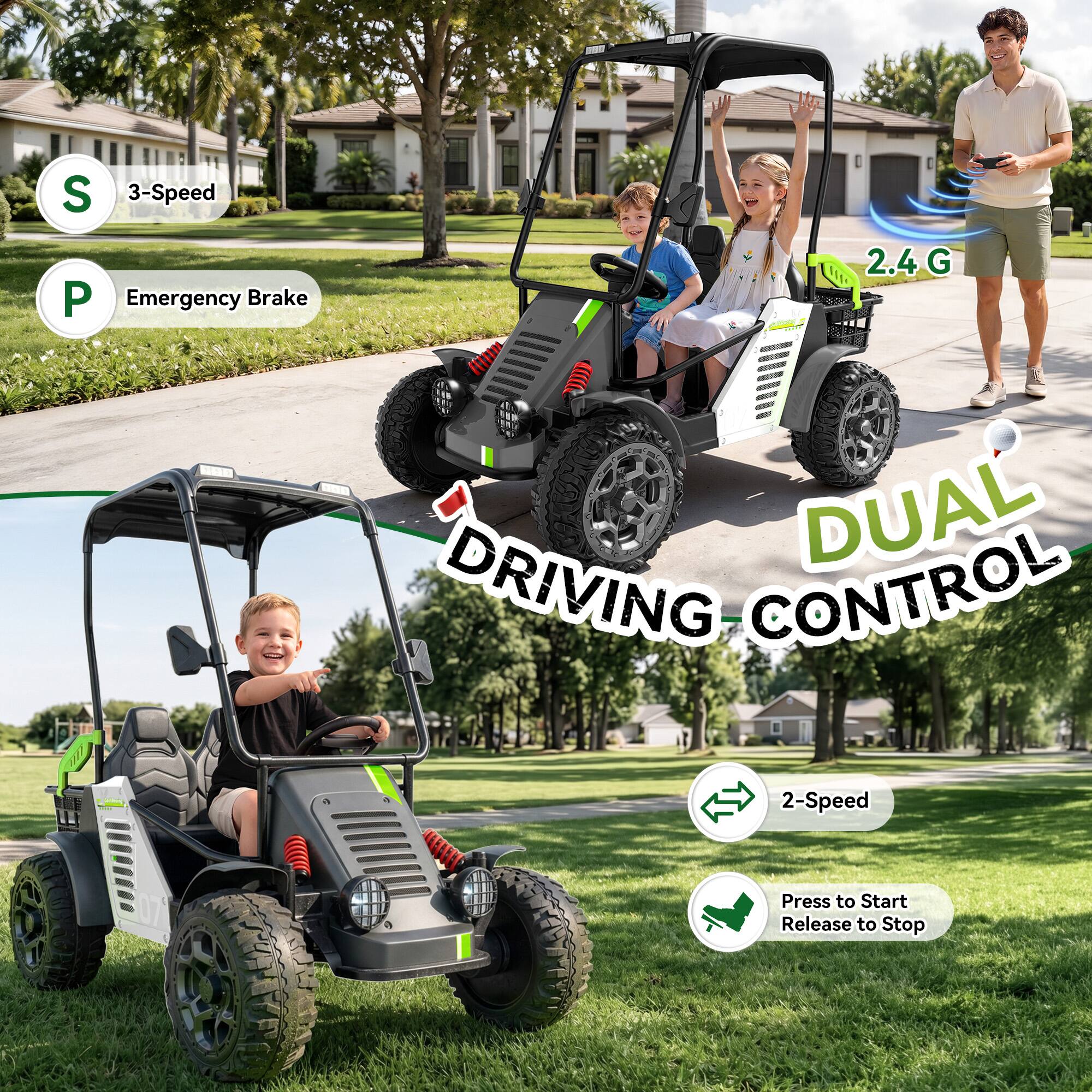 S 3-Speed  
P Emergency Brake  
2.4G  
DUAL DRIVING CONTROL  
2-Speed  
Press to Start Release to Stop