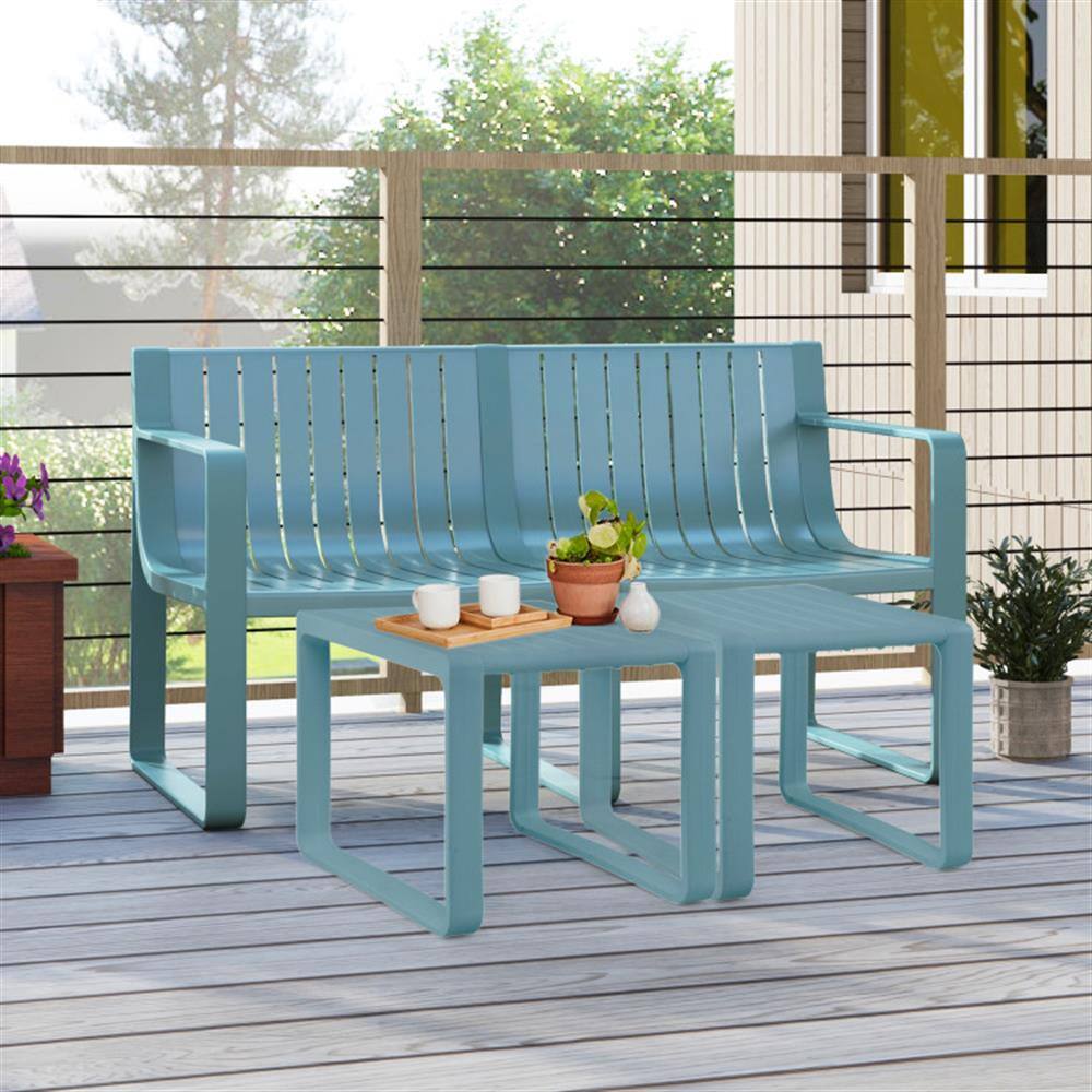 Back. Kadyn - Garden Bench, Patio Bench,Weather-resistant Plastic 2-Person Bench with Curved Backrest-Blue - Blue.