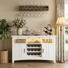 Aheaplus - Wine Cabinet with Charging Station and LED Lights, Liquor Cabinet with Movable Wooden Wine Rack - White