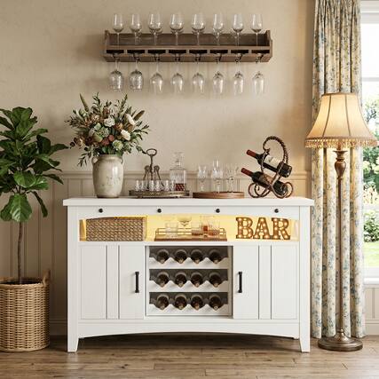 Front. Aheaplus - Wine Cabinet with Charging Station and LED Lights, Liquor Cabinet with Movable Wooden Wine Rack - White.