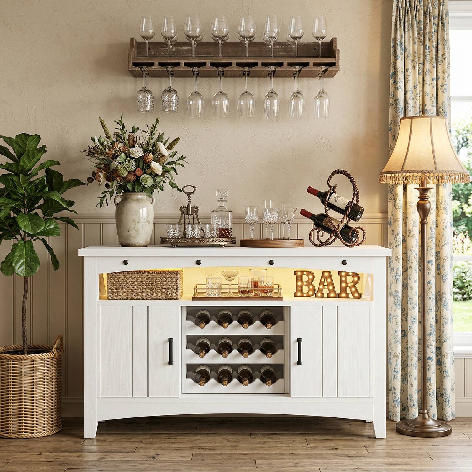 Front. Aheaplus - Wine Cabinet with Charging Station and LED Lights, Liquor Cabinet with Movable Wooden Wine Rack - White.