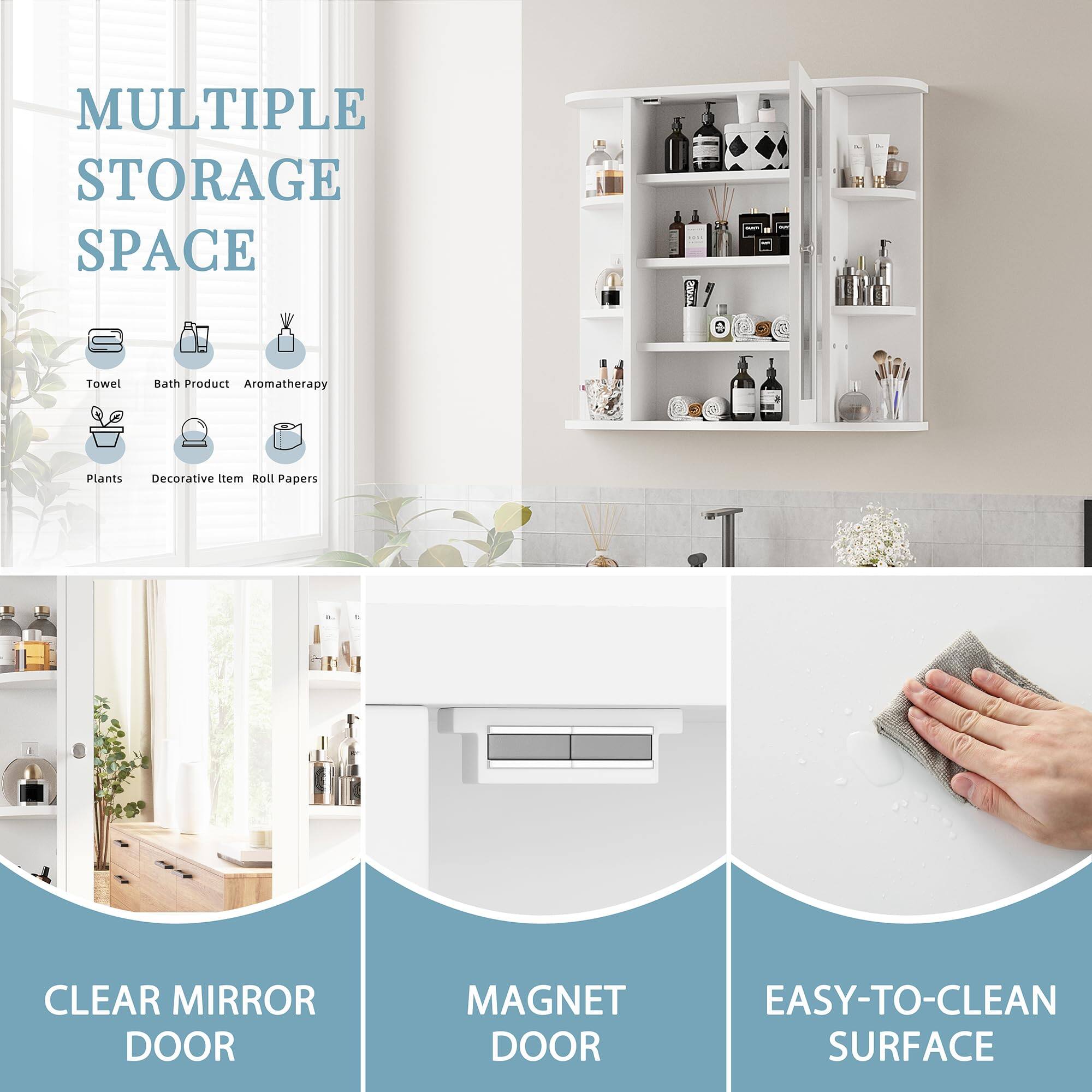 - MULTIPLE STORAGE SPACE
  - Towel
  - Bath Product
  - Aromatherapy
  - Plants
  - Decorative Item
  - Roll Papers

- CLEAR MIRROR DOOR

- MAGNET DOOR

- EASY-TO-CLEAN SURFACE