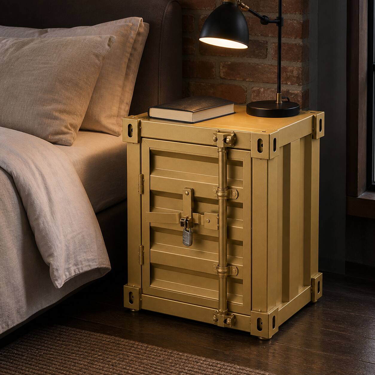 Back. VIVZONE - Modern Industrial Gold Metal Shipping Container Side Table with Lockable Shelf - Gold.