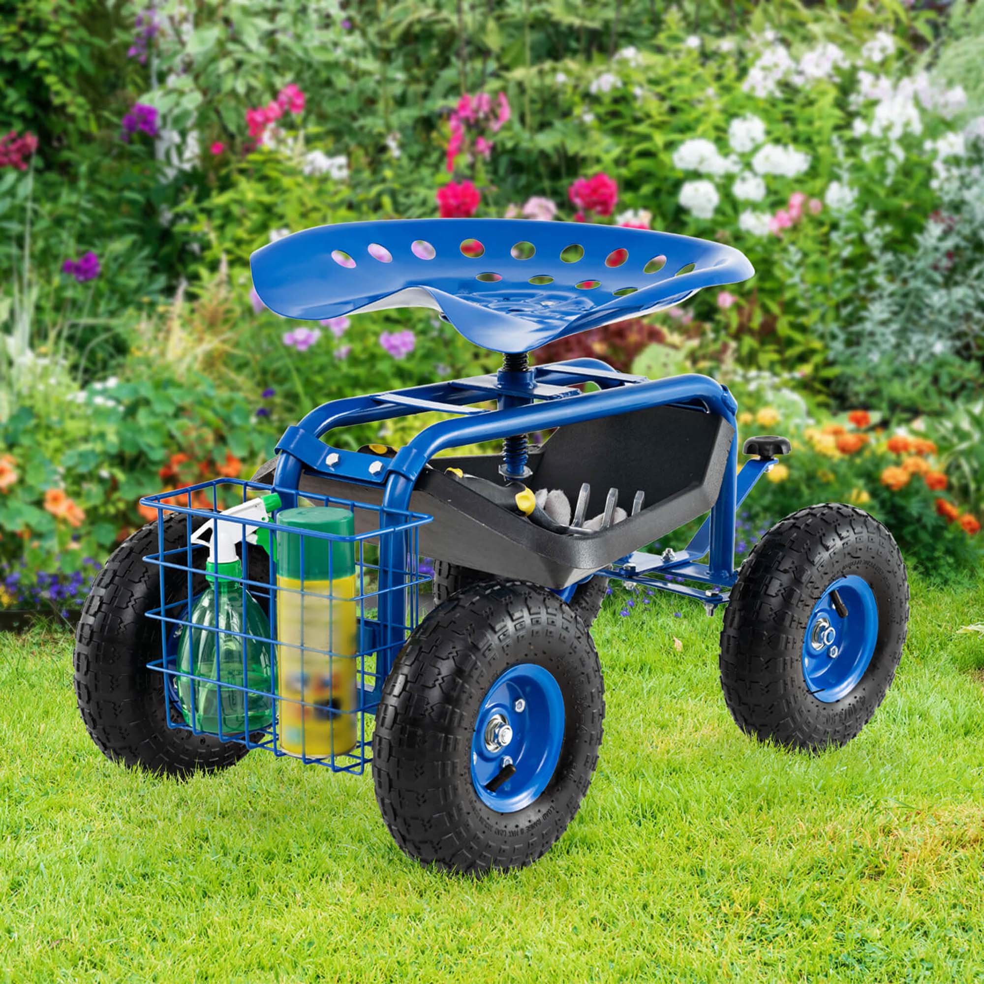 Alt View 1. Costway - Costway Garden Cart Patio Wagon Rolling Work Seat with Tool Tray Basket Planting - Blue.