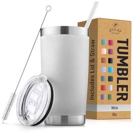 Zulay Kitchen - 20oz Double Walled Insulated Tumbler with Lid and Straw - White