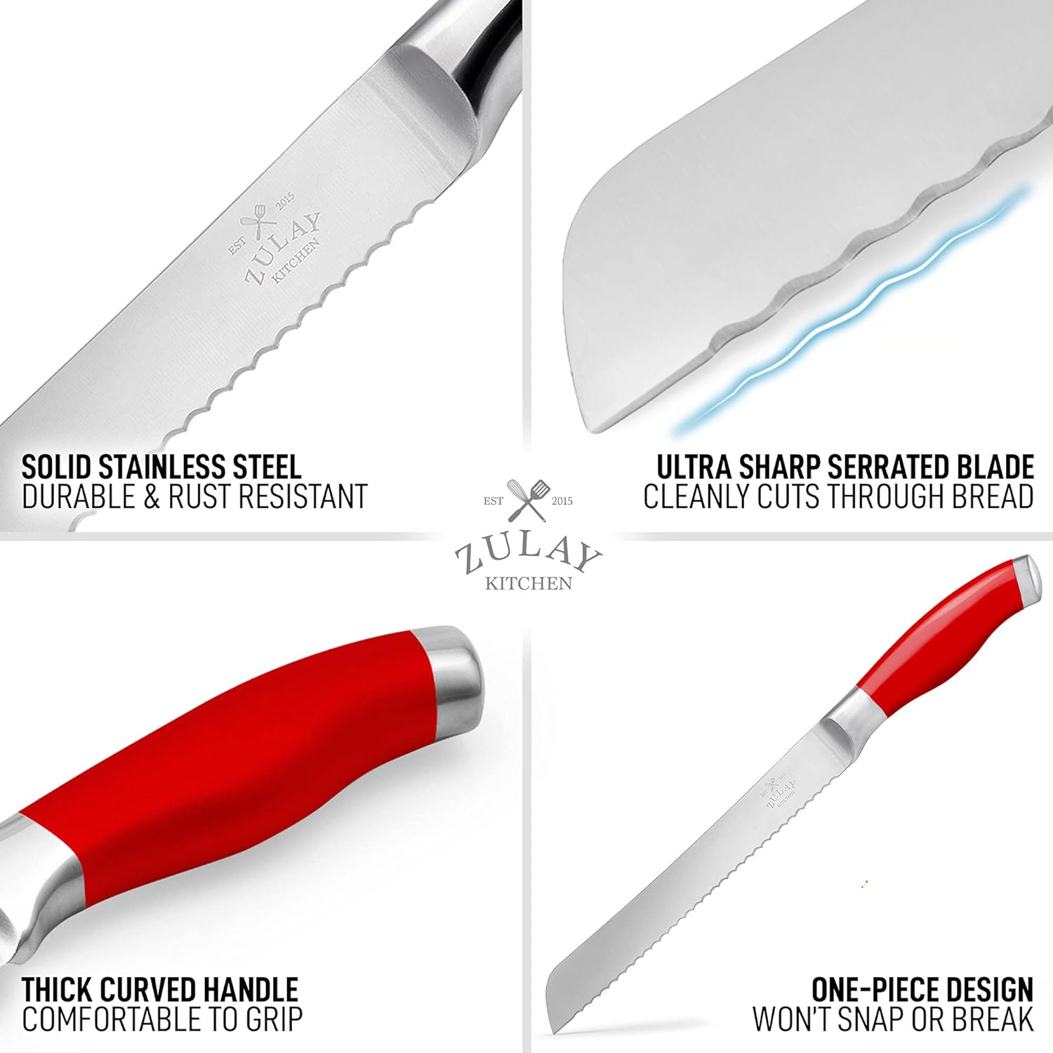 - SOLID STAINLESS STEEL
  DURABLE & RUST RESISTANT

- ULTRA SHARP SERRATED BLADE
  CLEANLY CUTS THROUGH BREAD

- THICK CURVED HANDLE
  COMFORTABLE TO GRIP

- ONE-PIECE DESIGN
  WON'T SNAP OR BREAK