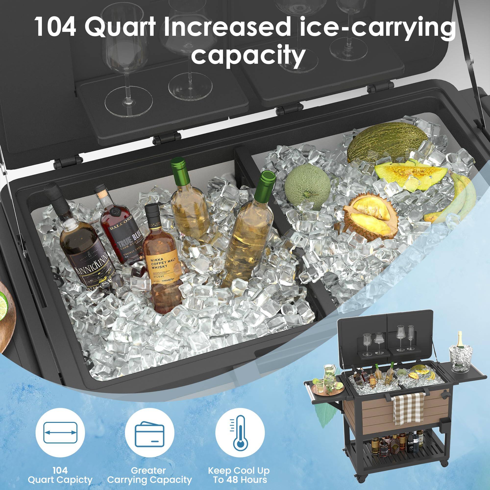 104 Quart Increased ice-carrying capacity

104 Quart Capacity
Greater Carrying Capacity
Keep Cool Up To 48 Hours