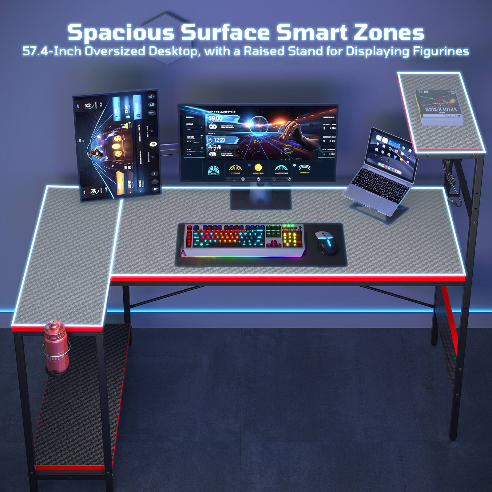 Spacious Surface Smart Zones 57.4-Inch Oversized Desktop, with a Raised Stand for Displaying Figurines