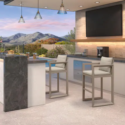 Front. PURPLE LEAF - Outdoor Caesar Bar Stools Set of 2 Modern Aluminum Barstools with Stainless Removable Cushion for Kitchen Outside Island - Khaki-Bar Stool.