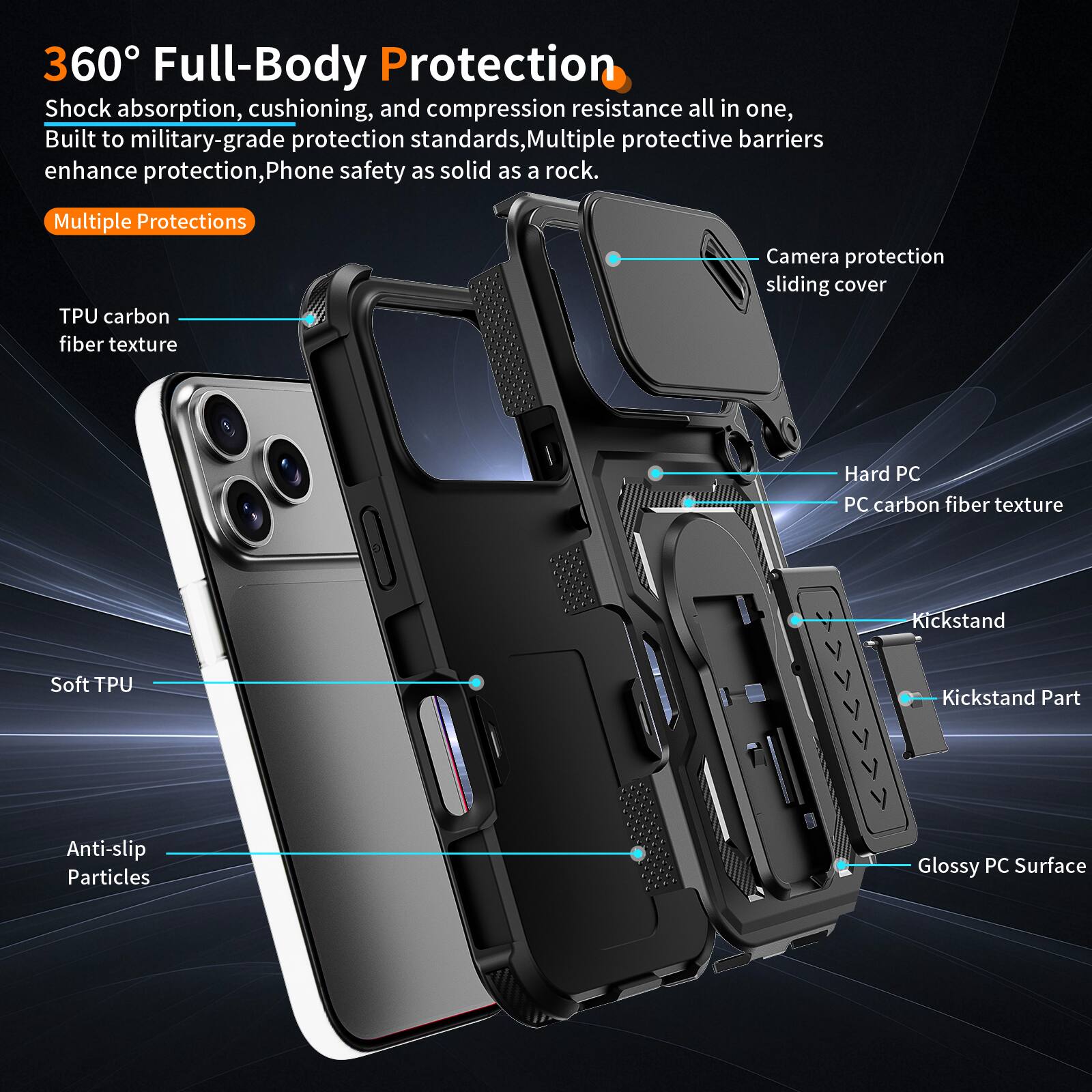 360° Full-Body Protection  
Shock absorption, cushioning, and compression resistance all in one, Built to military-grade protection standards, Multiple protective barriers enhance protection, Phone safety as solid as a rock.  

Multiple Protections  
- TPU carbon fiber texture  
- Camera protection sliding cover  
- Soft TPU  
- Anti-slip Particles  
- Hard PC PC carbon fiber texture  
- Kickstand  
- Kickstand Part  
- Glossy PC Surface
