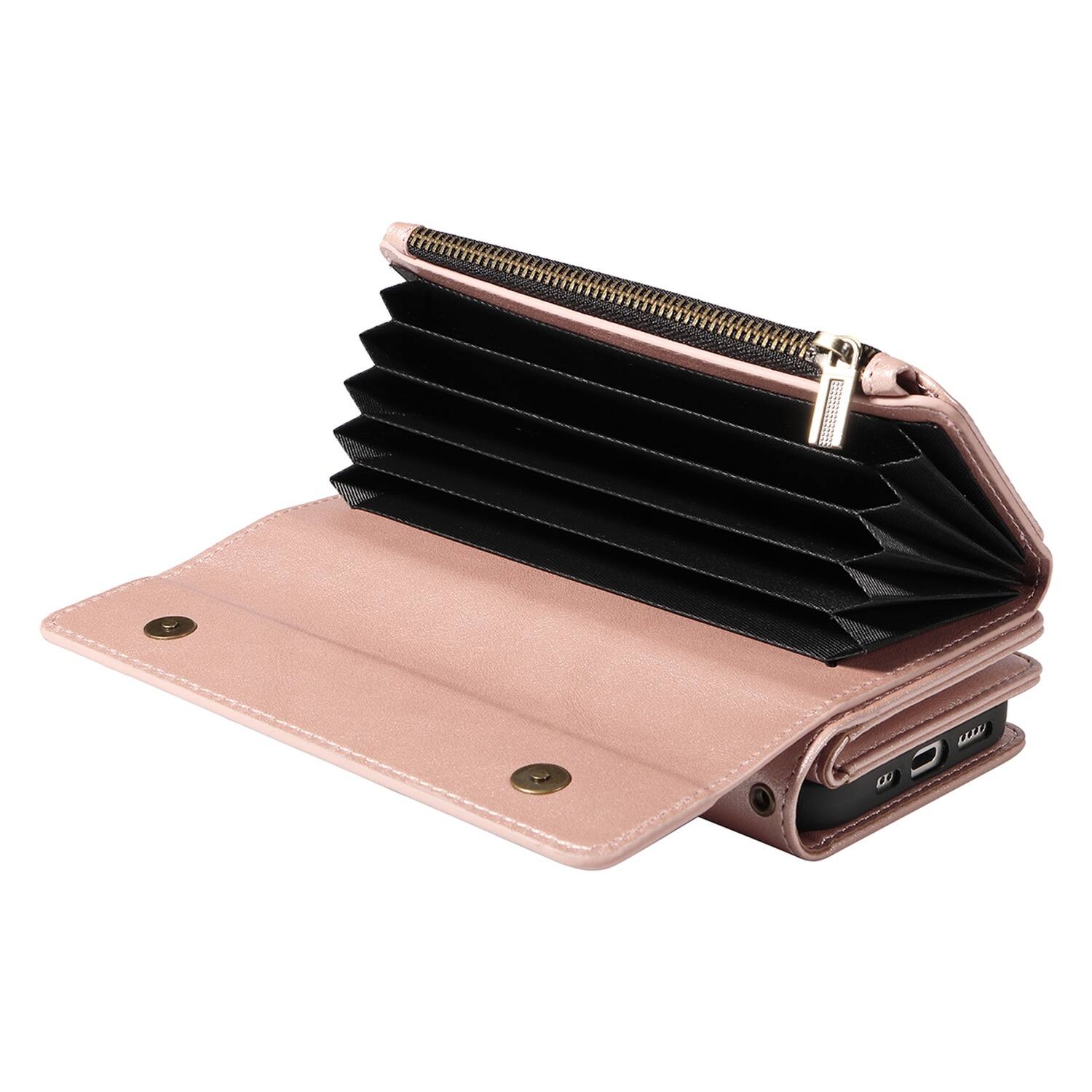 Alt View 3. UUCOVER - Zipper Wallet Case for Apple iPhone 17 Pro Max with RFID Card Slots, Cash Pockets, Shoulder Strap, Magnetic Flip Stand - Rosegold.