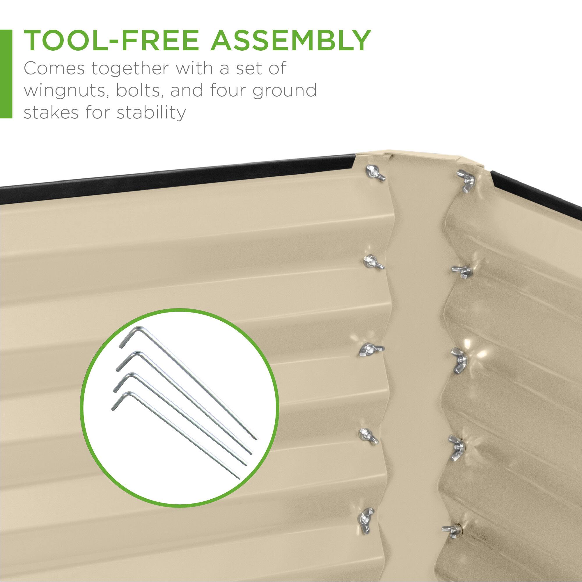 TOOL-FREE ASSEMBLY  
Comes together with a set of wingnuts, bolts, and four ground stakes for stability