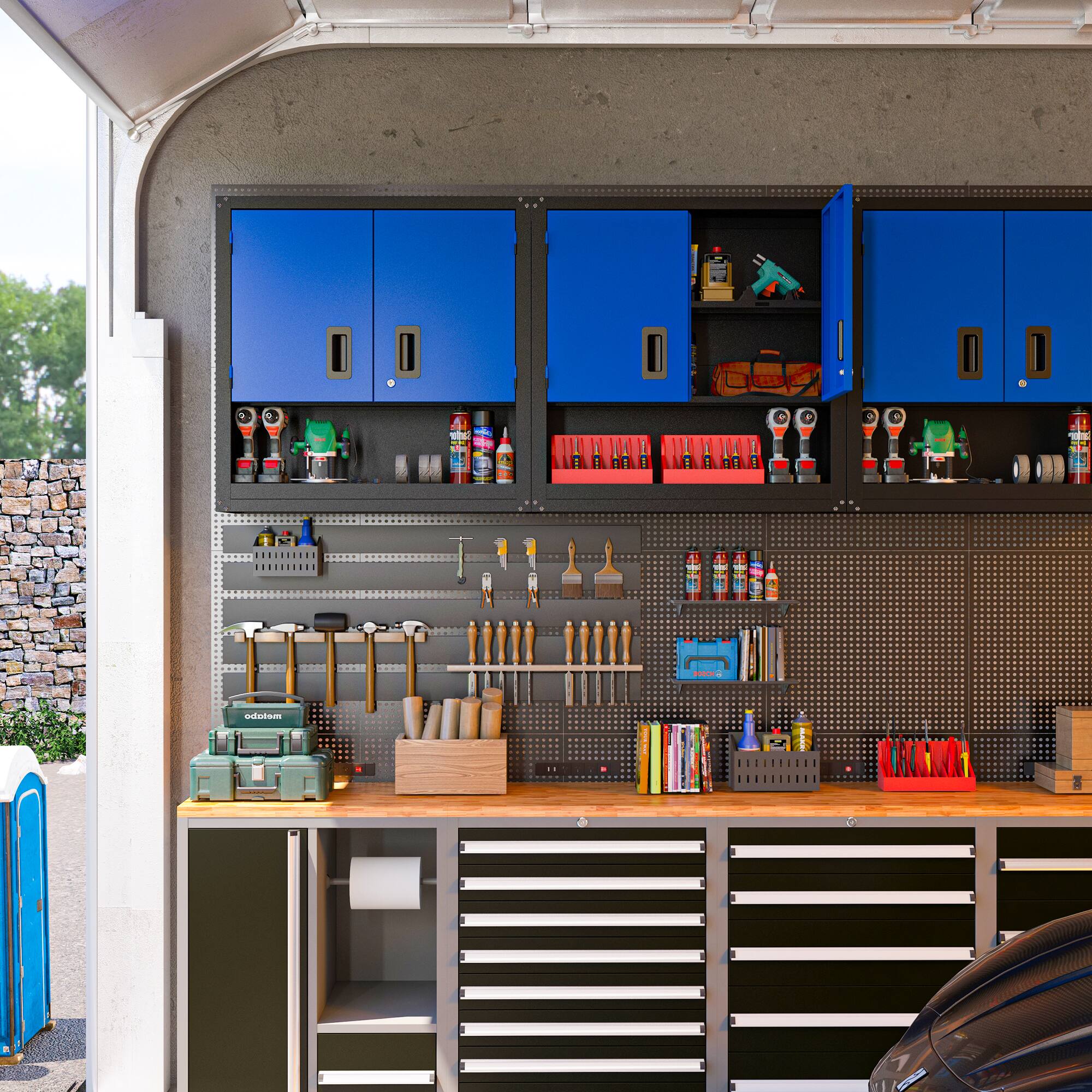 Back. TinyHomie - Garage Wall Cabinet with Locking Doors and Adjustable Shelf, Metal Wall Cabinet, Floating Upper Storage Cabinet in Blue - Blue+Black.