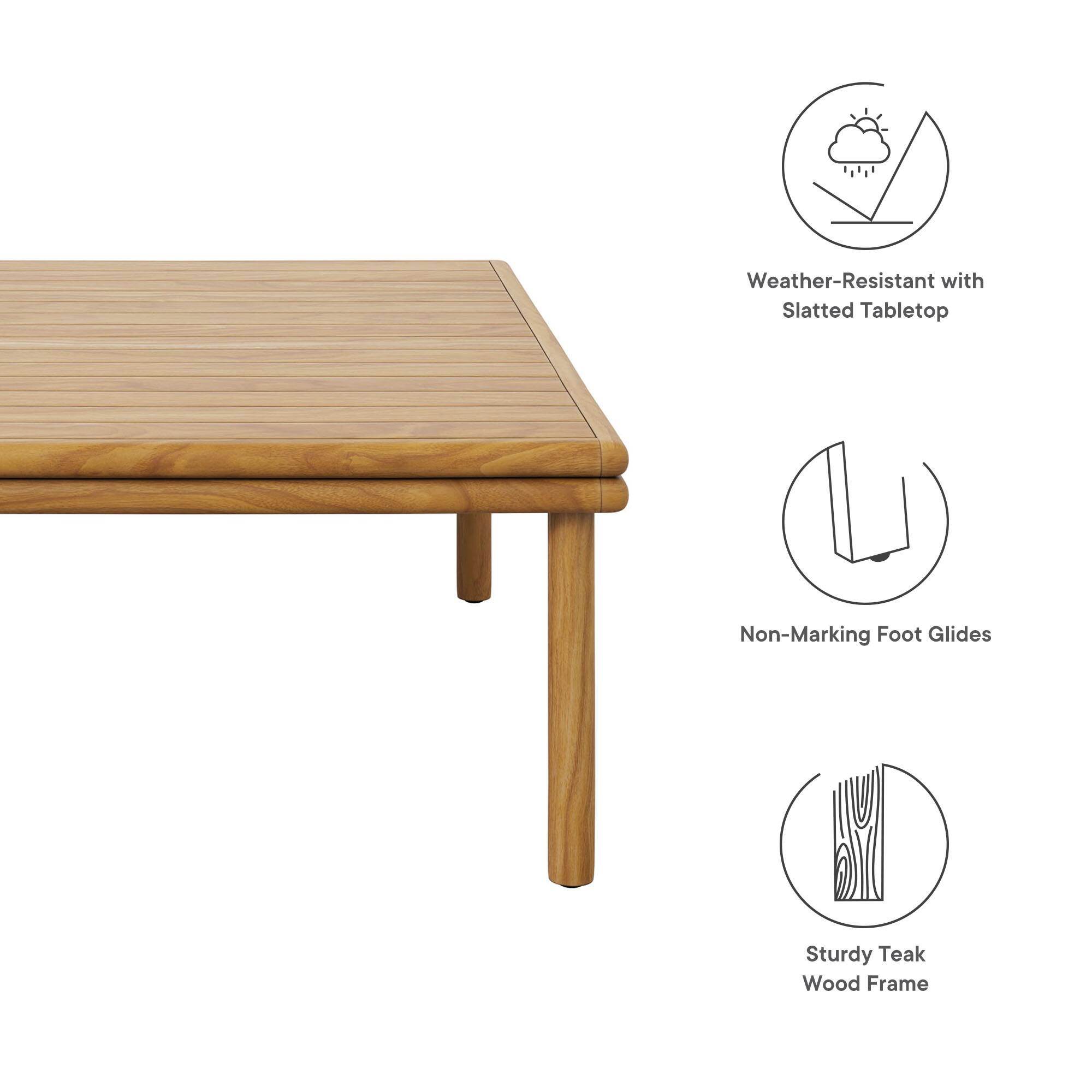 - Weather-Resistant with Slatted Tabletop
- Non-Marking Foot Glides
- Sturdy Teak Wood Frame