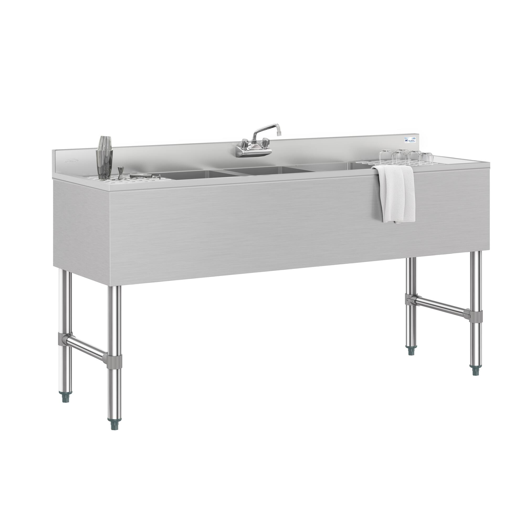 Angle. Koolmore - 60 in. Three-Compartment  Bar-Sink with 3 in. Backsplash, Dual Drainboards with Low Lead Faucet, NSF Certified - Stainless Steel.