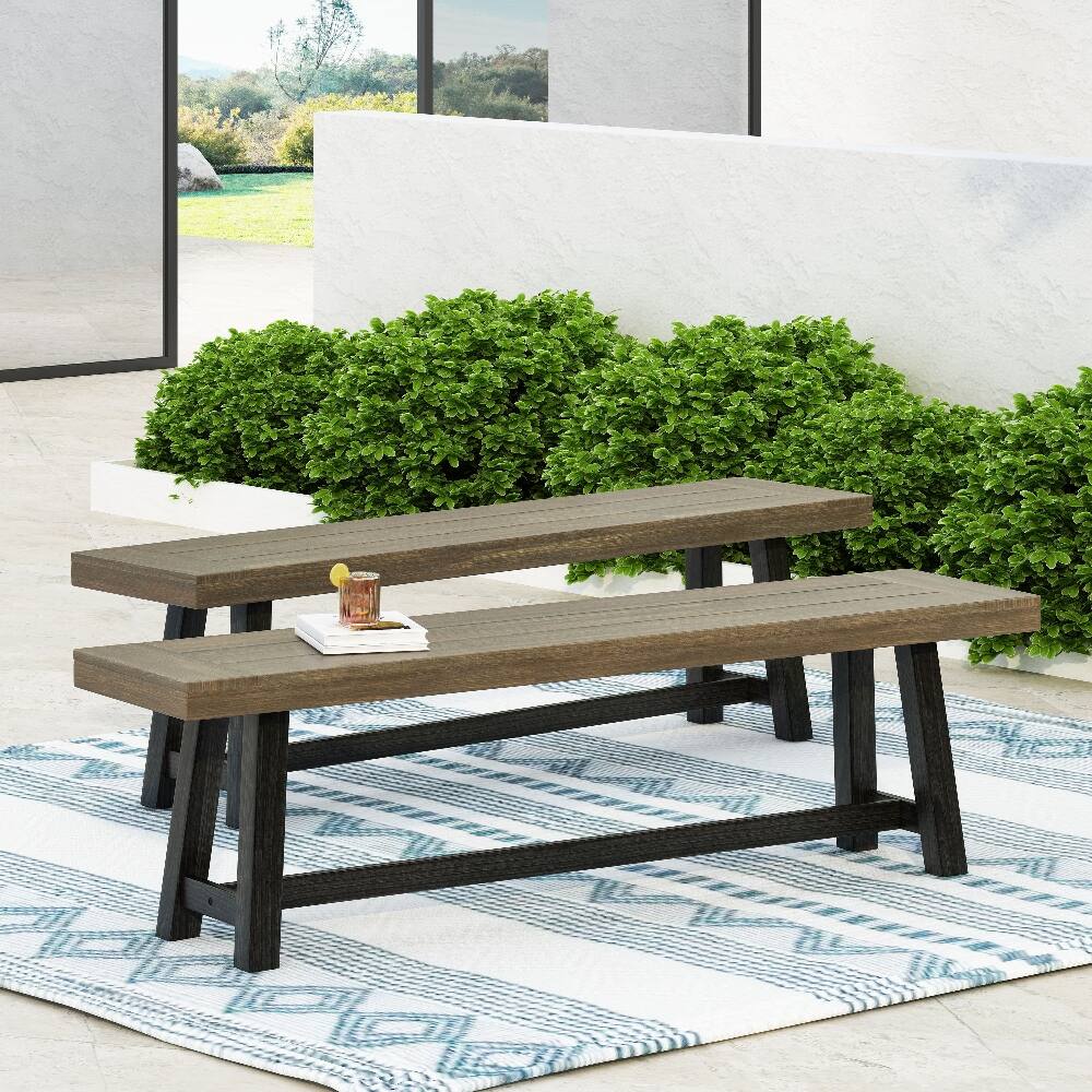 Back. Ropilly - Ropilly Acacia Outdoor Bench Set of 2, 63 Inch Rustic Wood Patio Dining Bench, Sandblast Gray - Sandblast Gray.