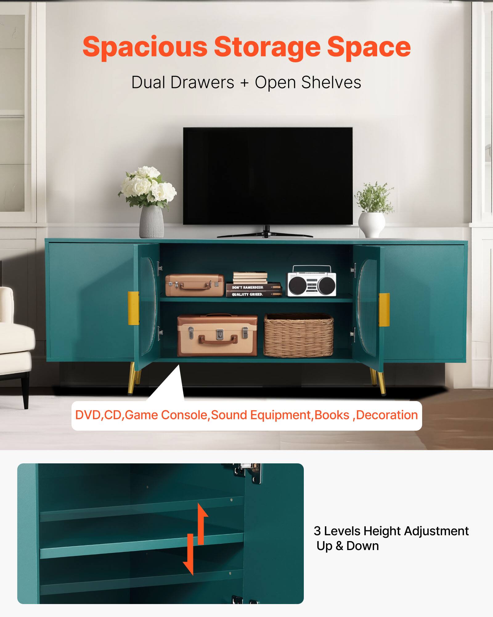 Spacious Storage Space Dual Drawers + Open Shelves - EE BALHTY C...ES DVD, CD, Game Console, Sound Equipment, Books, Decoration. 3 Levels Height Adjustment Up & Down.