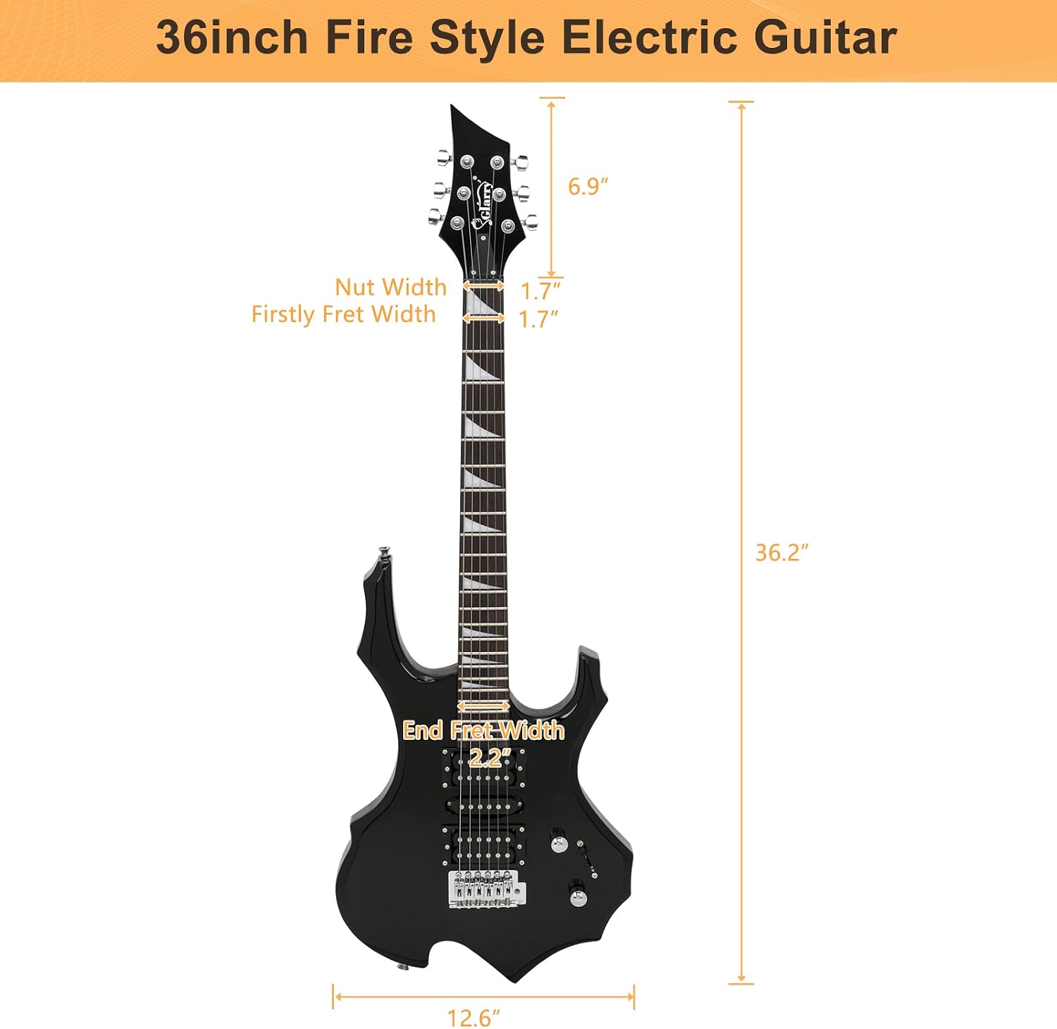 36inch Fire Style Electric Guitar

6.9"  
Nut Width Firstly Fret Width  
1.7" 1.7"  
36.2"  
End Fret Width 2.2"  
12.6"