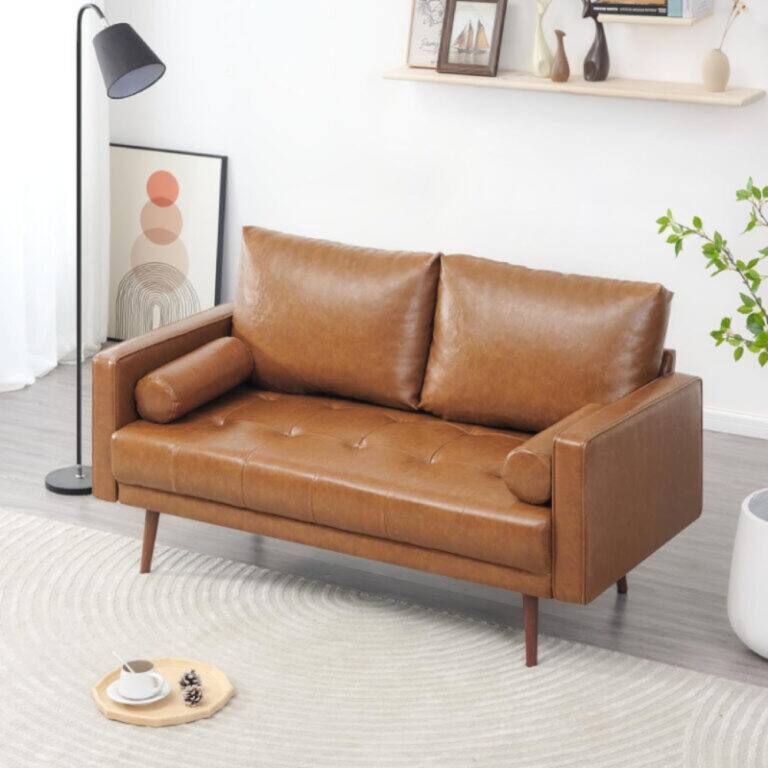 Alt View 1. Electra Tech Xpress - MID-CENTURY FAUX LEATHER LOVESEAT SOFA - Brown.