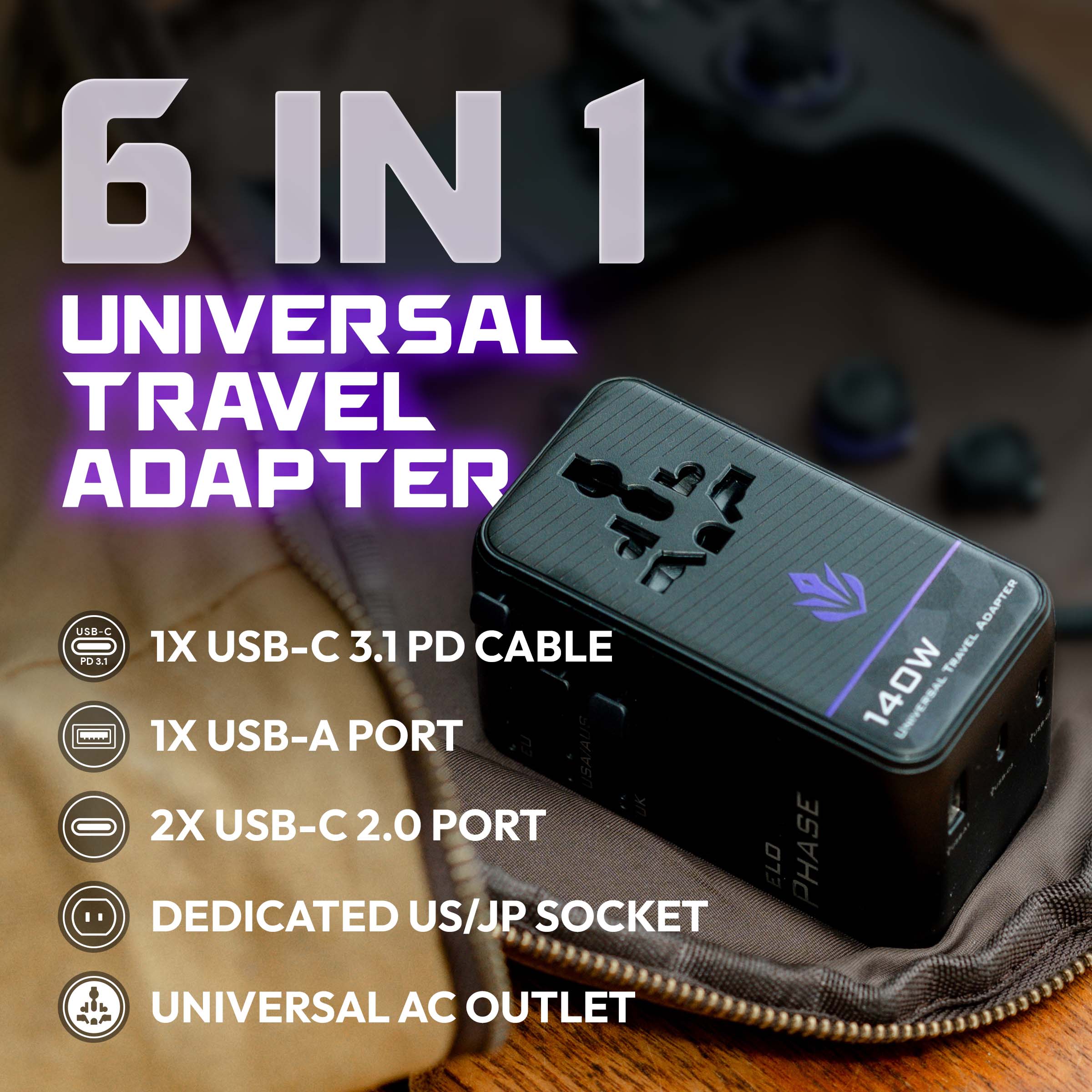 6 IN 1 UNIVERSAL TRAVEL ADAPTER

1X USB-C 3.1 PD CABLE
1X USB-A PORT
2X USB-C 2.0 PORT
DEDICATED US/JP SOCKET
UNIVERSAL AC OUTLET