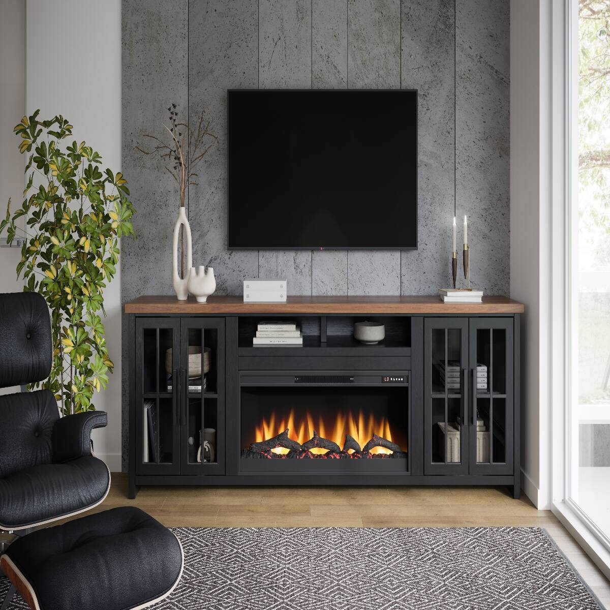 Alt View 3. Loheer - Loheer 97 inch farmhouse fireplace tv stand for 100 inch tv Black - Black.