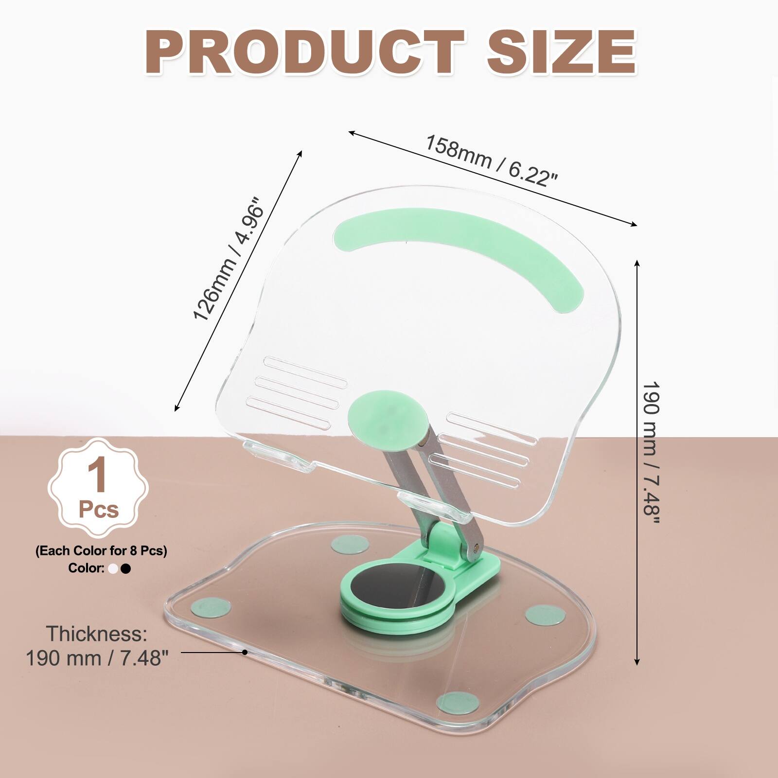 PRODUCT SIZE  
4.96" / 126mm  
1 Pcs (Each Color for 8 Pcs)  
Color: 158mm / 6.22"  
Thickness: 190 mm / 7.48"