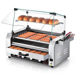VEVOR - Hot Dog Roller, 18 Hot Dog 7 Rollers, Stainless Steel Sausage Grill Cooker, 1200W Hot Dog Machine with Bun Warmer, Cover - Silver
