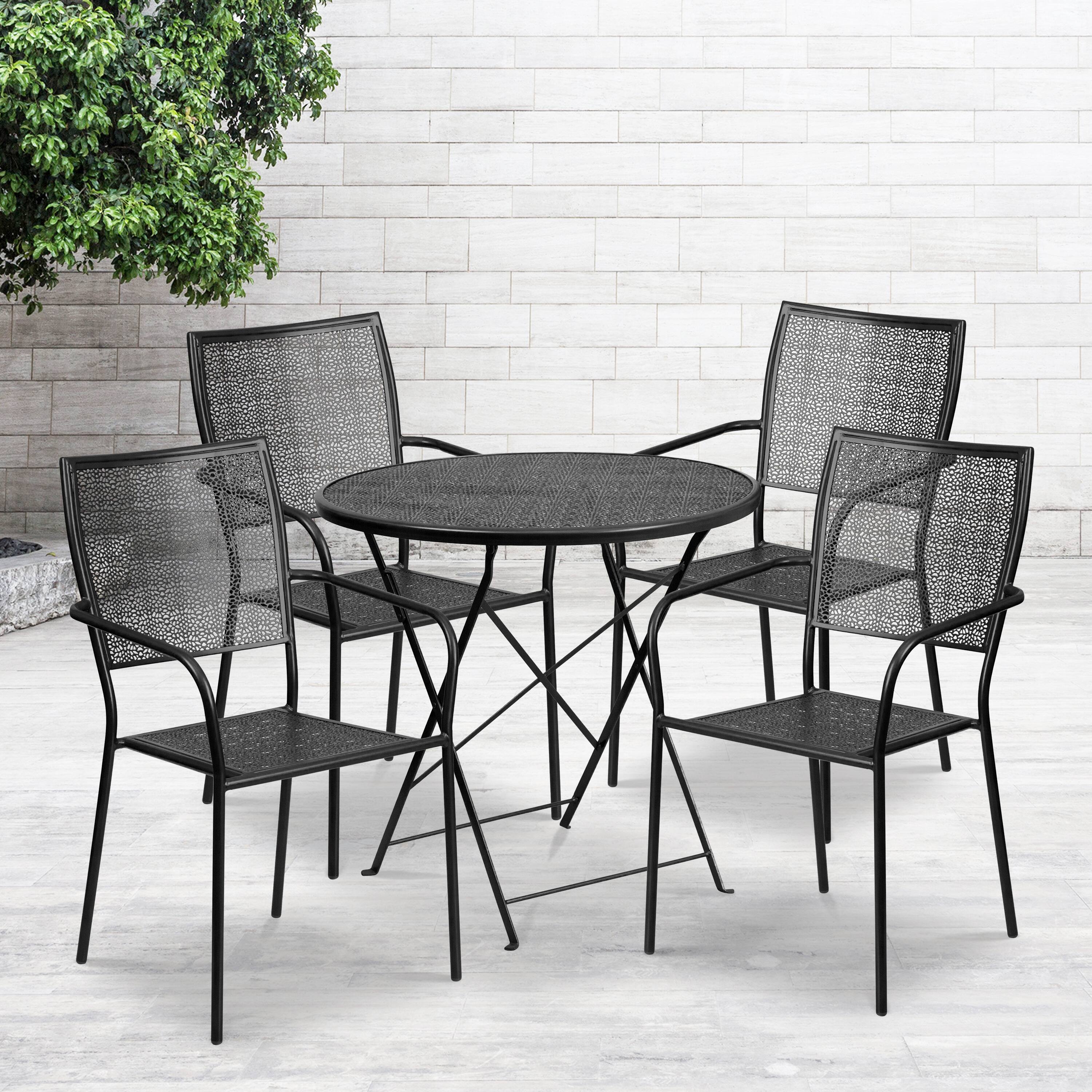 Alt View 1. Emma + Oliver - Commercial Grade 30" Round Metal Folding Patio Table Set w/ 4 Square Back Chairs - Black.