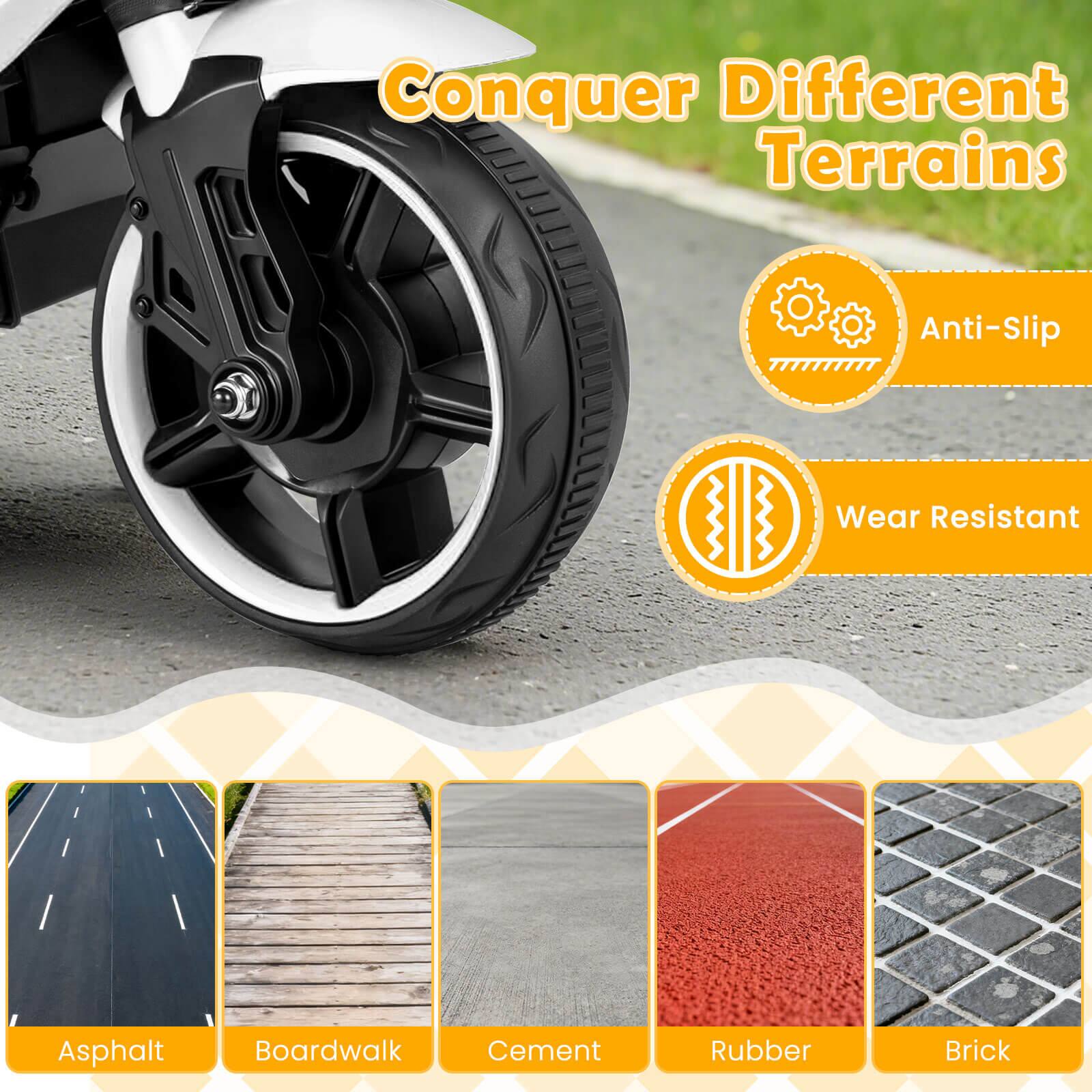 Conquer Different Terrains

Anti-Slip  
Wear Resistant

Asphalt  
Boardwalk  
Cement  
Rubber  
Brick