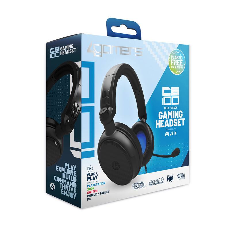 Gaming Headset  
Zgomers  
CE 1.0  
Blue/Black  
Plastic Free Packaging  

Play Explore Build Command Thrive Enjoy  
Plug & Play  
Compatible with: PlayStation, Xbox, Switch, Mobile/Tablet, PC  

40mm Drivers  
Game & Chat Mic  
Volume Control  
6 Mic  
1EN2EM  

CE Gaming Headset  
Zgomers  
Blue/Black  
Plastic Free Packaging  

Play Explore Build Command Thrive Enjoy  
Plug & Play  
Compatible with: PlayStation, Xbox, Switch, Mobile/Tablet, PC  

40mm Drivers  
Game & Chat Mic  
Volume Control  
6 Mic  
1EN2EM