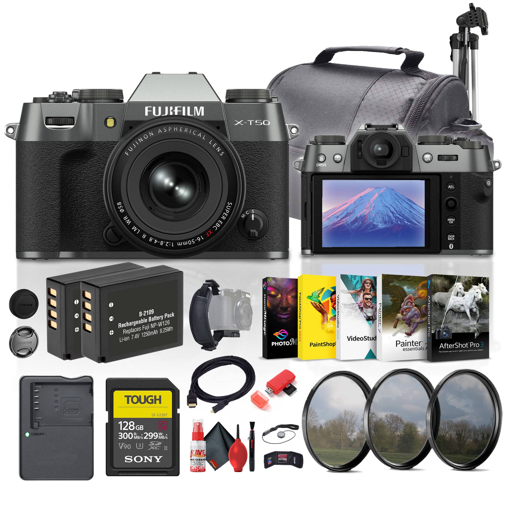 FUJIFILM X-T5O ASPHERICAL FUJINON LENS  
1:2.8-4.8 16-50mm  
Rechargeable Battery Pack NP-W126  
Replaces 1250ml0  
9.25W0  
UHen 74V  
ST I  
VideoStud  
PHOTOS  
PaintShop  
Painter  
AfterShot Pro essentials  
TOUGH S-GO2NT 128GB  
300 300299  
V90  
SONY  
FAVE