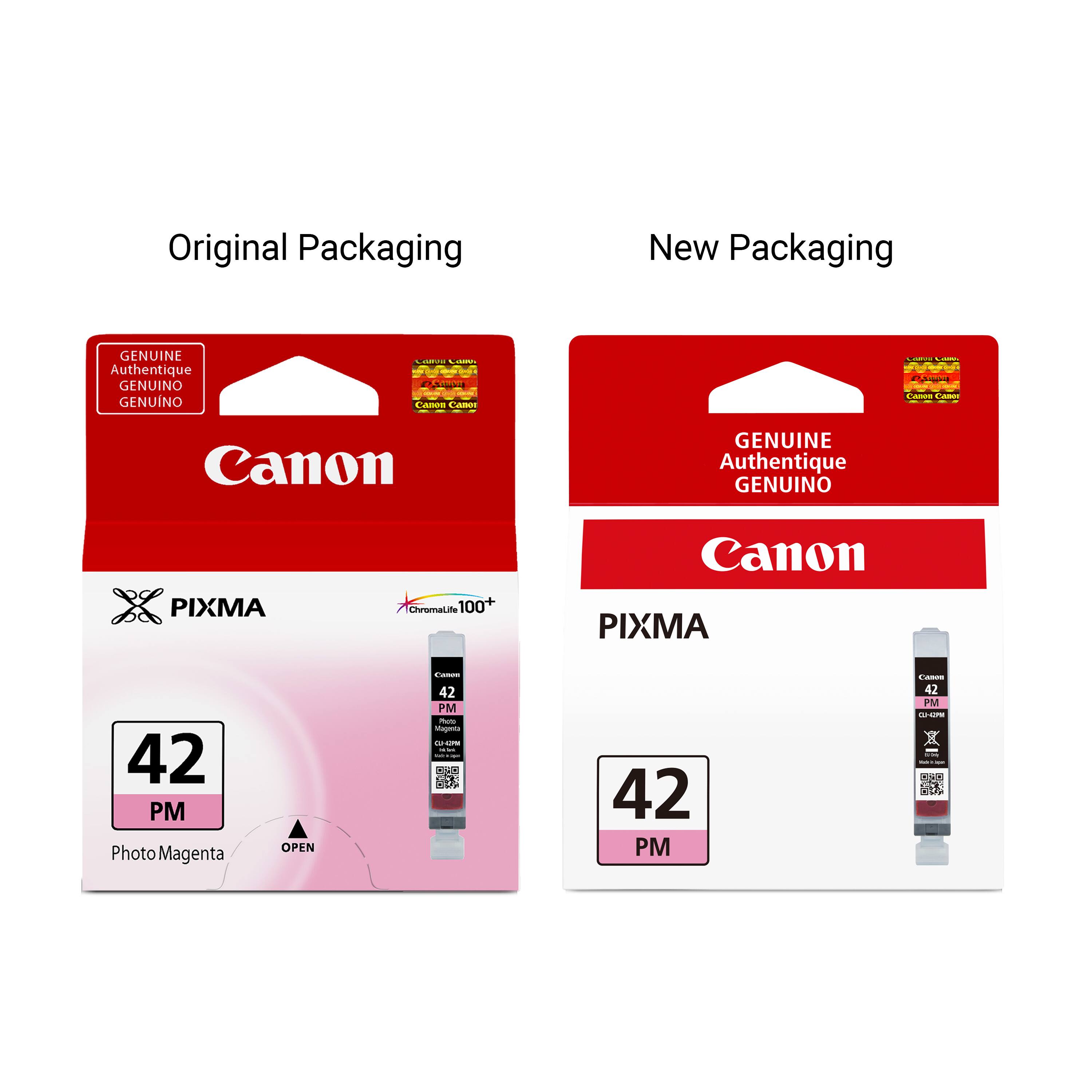 Original Packaging
New Packaging
GENUINE Authentique GENUINO GENUNO
CHANNI  Canon Canor
Canva LAM  - Canon Canon
Canon
GENUINE Authentique GENUINO
PIXMA
ChromaLife 100+
Canon PIXMA
42 PM Photo Magenta
OPEN
Canon 42 PM Photo Magesta CUP CJ-43PM -
42 PM
Cassa 42 PM C2-42PM EM - AM