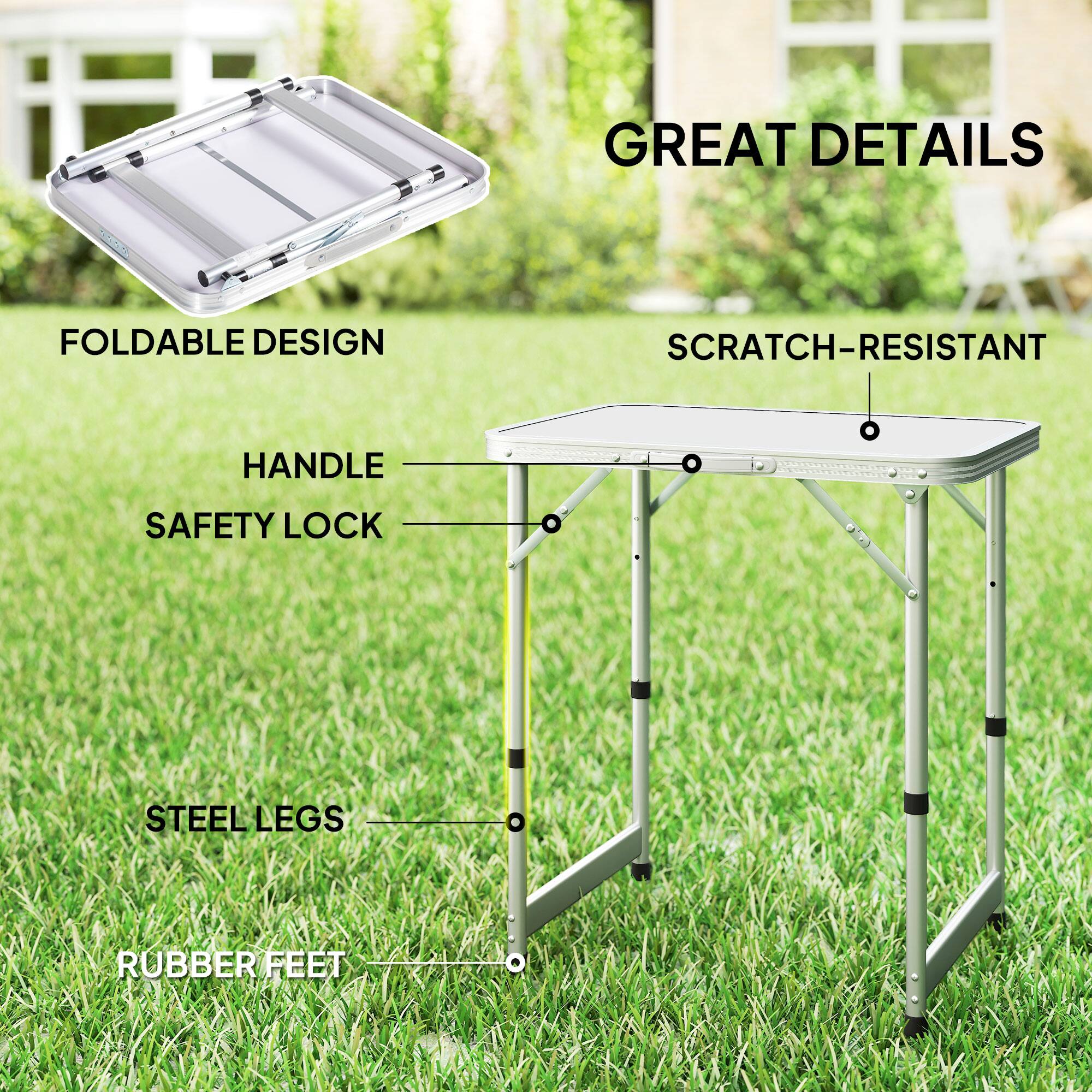 Great details: foldable design, scratch-resistant handle, safety lock, steel legs, rubber feet.