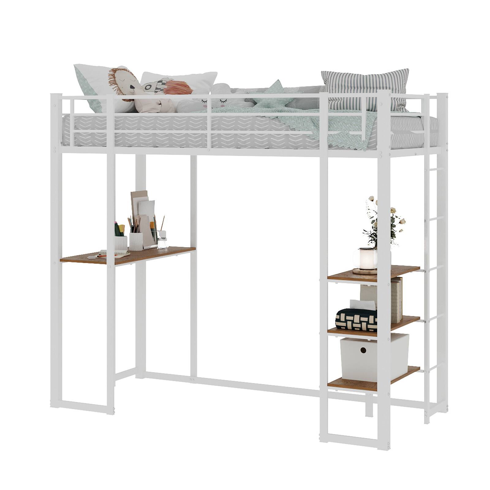 Alt View 8. Loheer - Loheer Twin Loft Bed with Desk and Storage Shelves Modern White Metal Wood Space Saving Frame for Small Rooms - White.