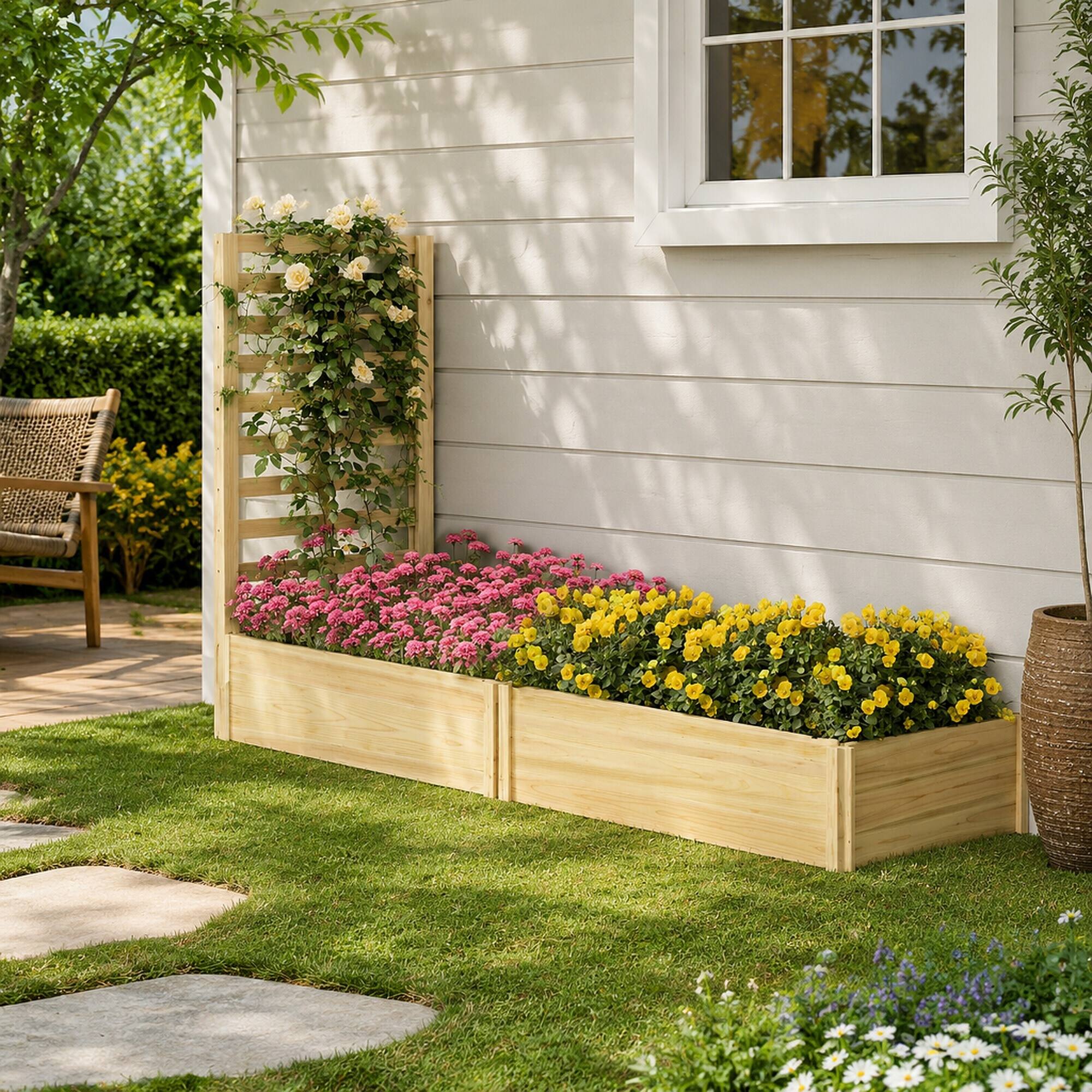 Alt View 2. RYHNUYNE - Wooden Raised Garden Bed with Trellis, 43 Inch Fir Wood Planter Box, 2 Compartments for Climbing Plants - Natural.