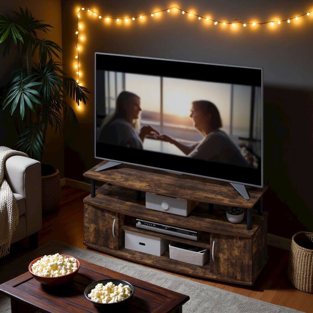 Angle. FurniFact - Brown Wooden TV Stand with 3 Open Shelves and Dual Door Storage TV Console - Amber Oak/Black.