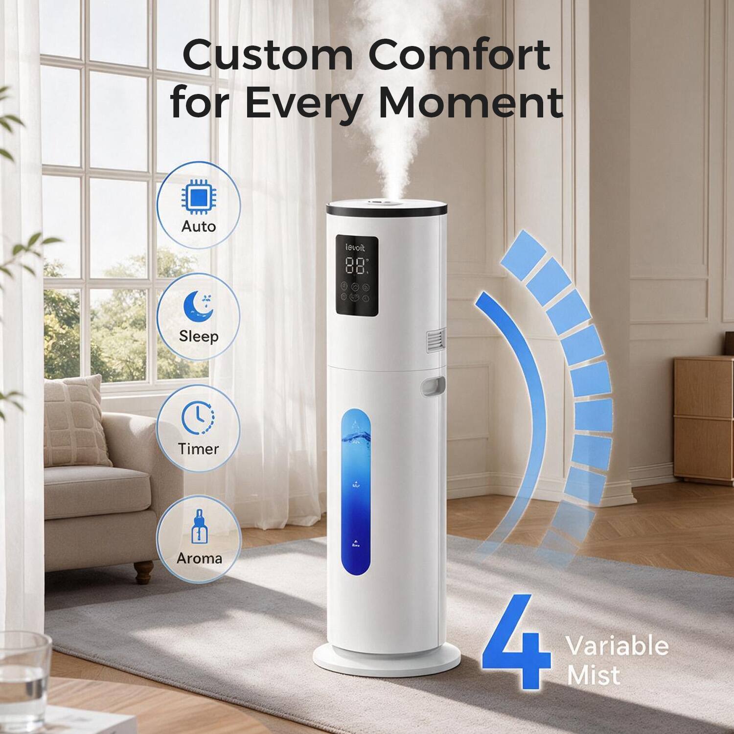 Custom Comfort for Every Moment

Auto
Sleep
Timer
Aroma
4 Variable Mist