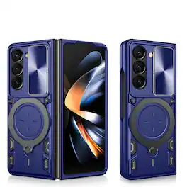 Dteck - Slide Lens Ring Kickstand Case for Samsung Galaxy Z Fold8 Ultra, Shockproof Hard PC+TPU Rugged Cover - Blue