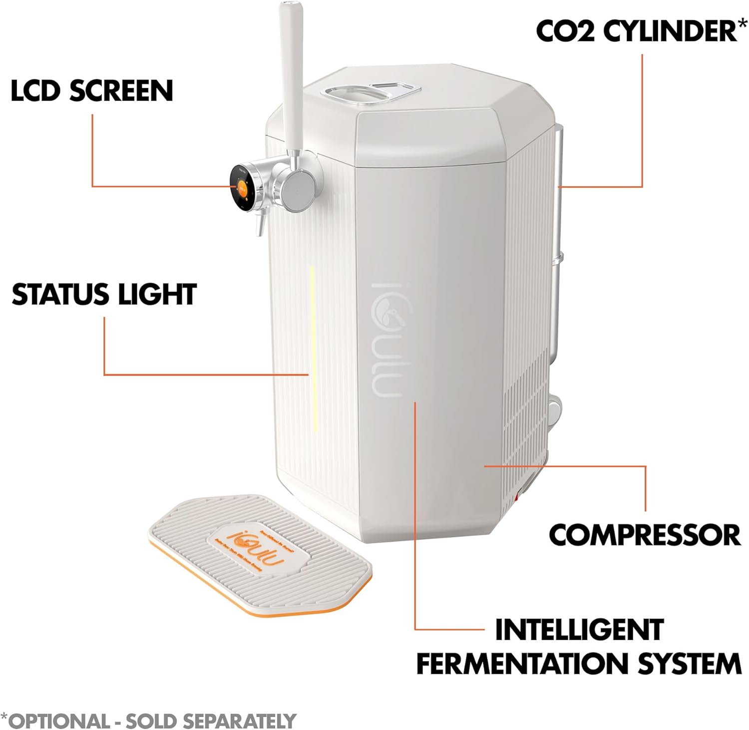 - CO2 Cylinders
- LCD Screen
- Status Light
- Compressor
- Intelligent Fermentation System
- *Optional - Sold Separately