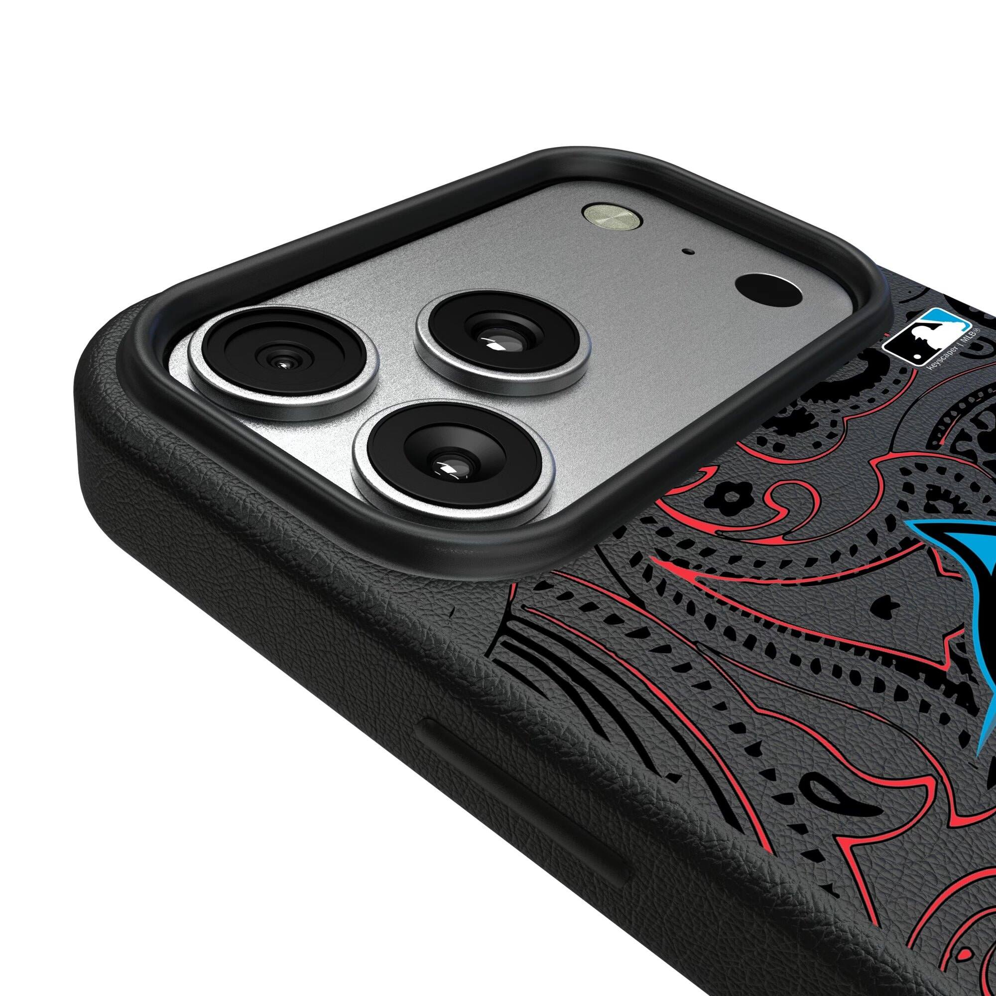 Alt View 2. Keyscaper - Miami Marlins Paisley iPhone Magnetic Bump Case - 15 Plus - Black.