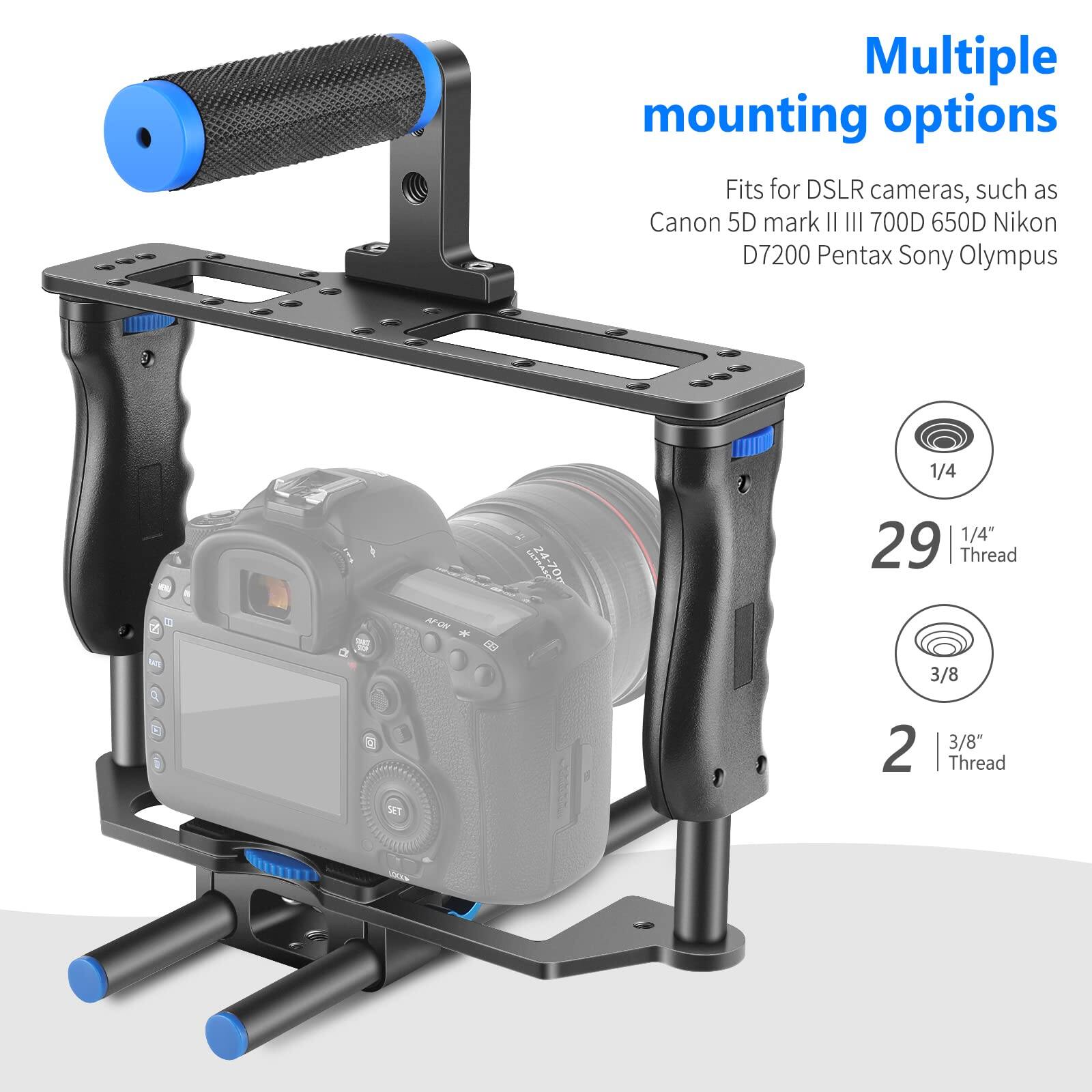 Multiple mounting options  
Fits for DSLR cameras, such as Canon 5D mark III 700D 650D Nikon D7200 Pentax Sony Olympus  
1/4" 29 Thread  
3/8" 2 Thread