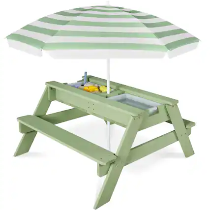 Front. Best Choice Products - Best Choice Products Kids 3-in-1 Outdoor Sand and Water Activity Picnic Table with Umbrella - Sage - Sage.