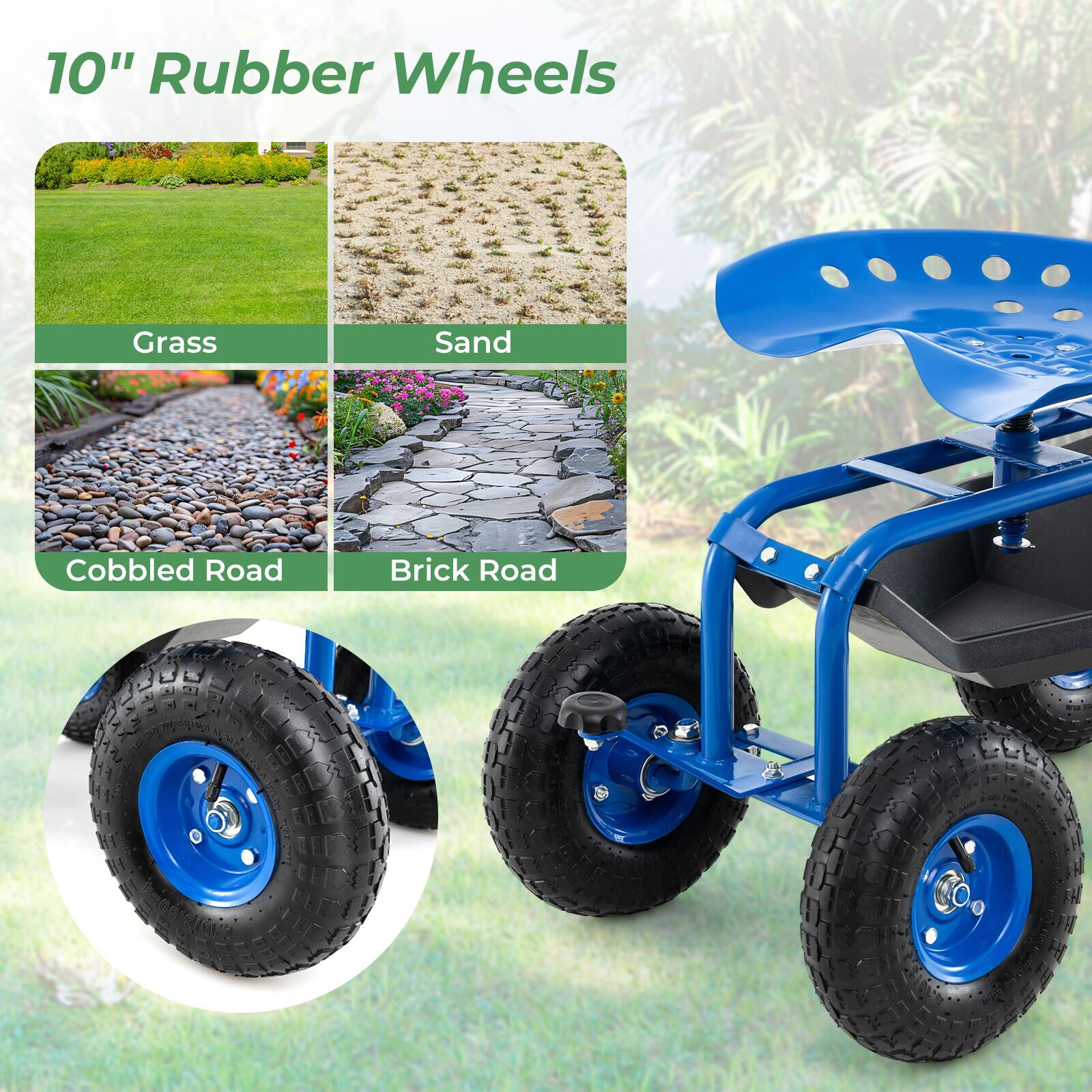 10" Rubber Wheels

Grass  
Sand  
Cobbled Road  
Brick Road